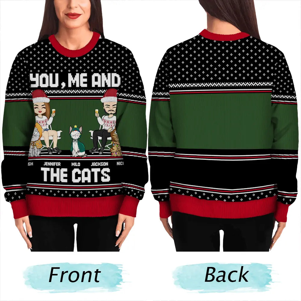 Couple You, Me And The Cat - Personalized Unisex Ugly Sweater