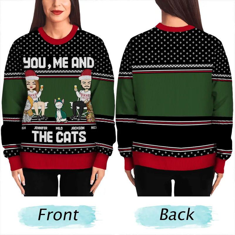 Couple You, Me And The Cat - Personalized Unisex Ugly Sweater