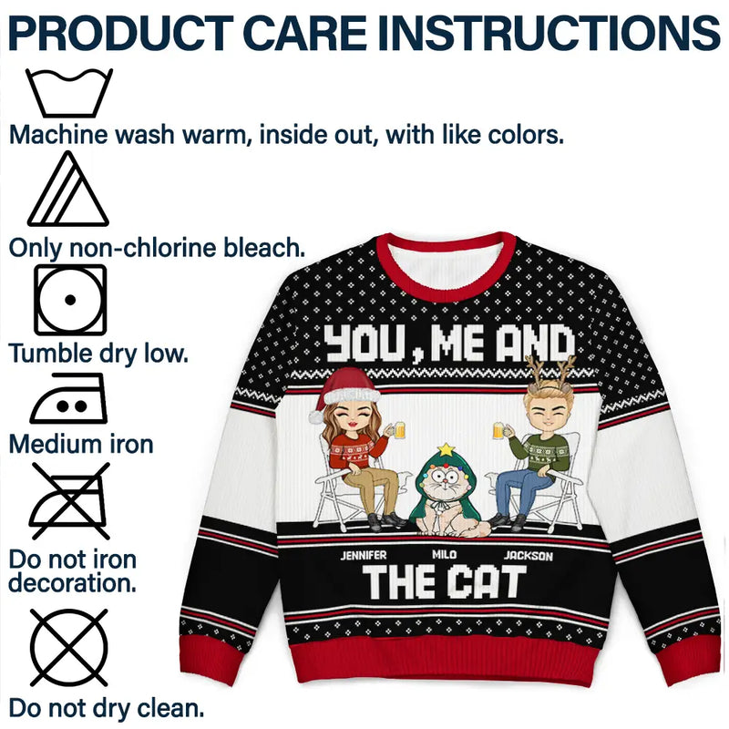 Couple You, Me And The Cat - Personalized Unisex Ugly Sweater