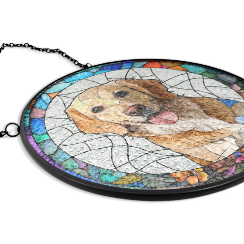 Custom Photo Dog And Cat Family Portrait - Personalized Stained Glass Window Hanging Suncatcher