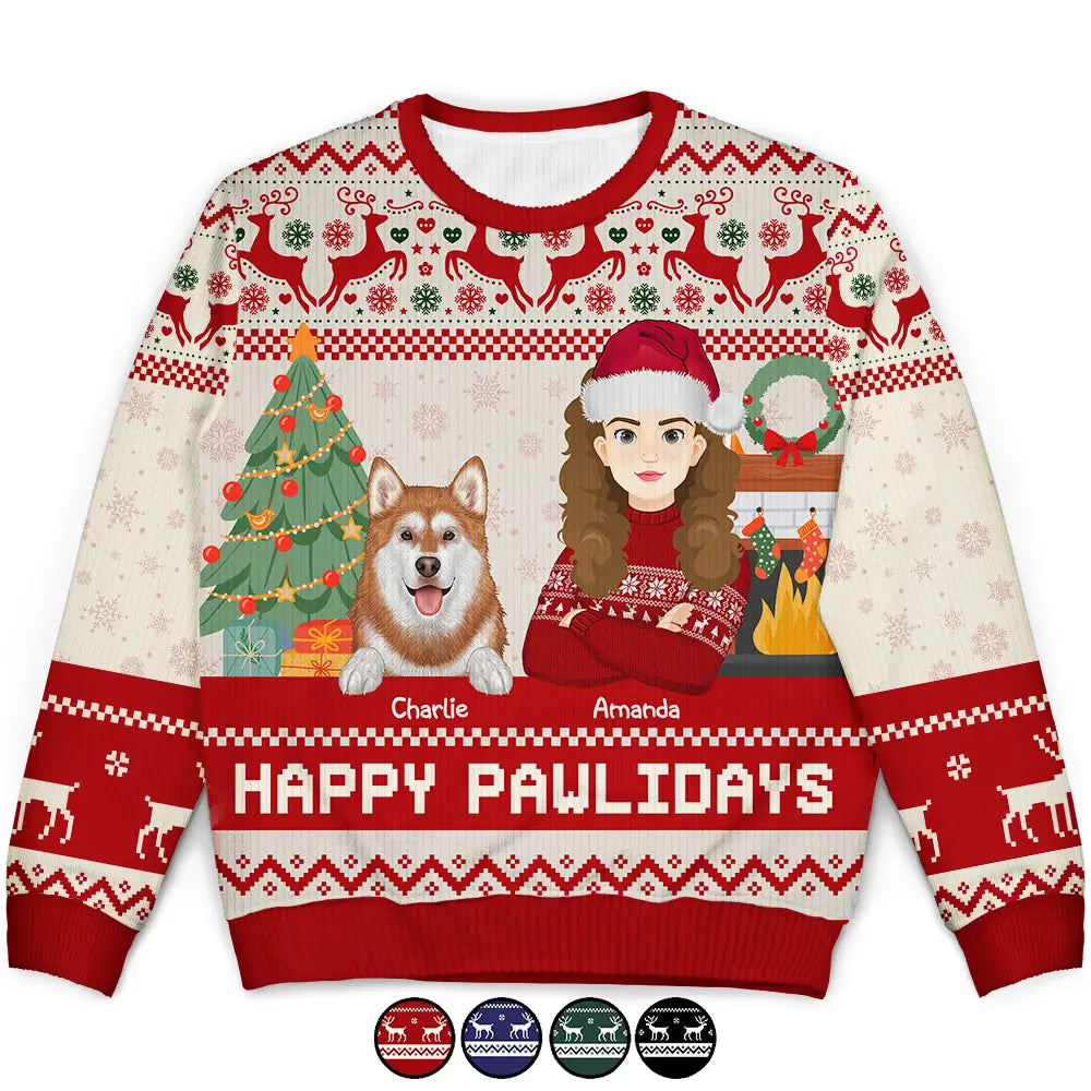 Happy Pawlidays Pet And Pet Lovers Flat Art - Personalized Unisex Ugly Sweater