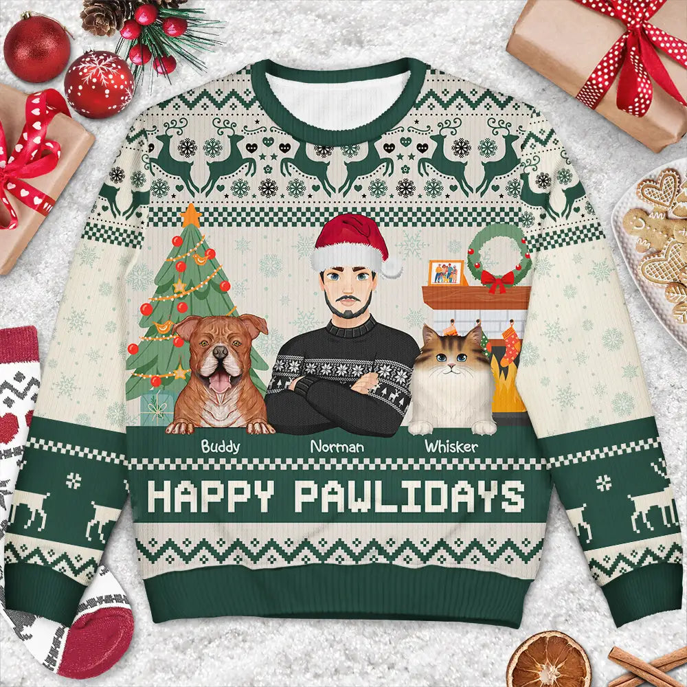 Pet Lovers, Cat Lovers, Dog Lovers - Happy Pawlidays Dog And Cat Lover Flat Art - Personalized Unisex Ugly Sweater