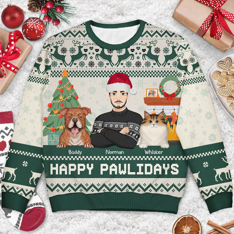 Pet Lovers, Cat Lovers, Dog Lovers - Happy Pawlidays Dog And Cat Lover Flat Art - Personalized Unisex Ugly Sweater
