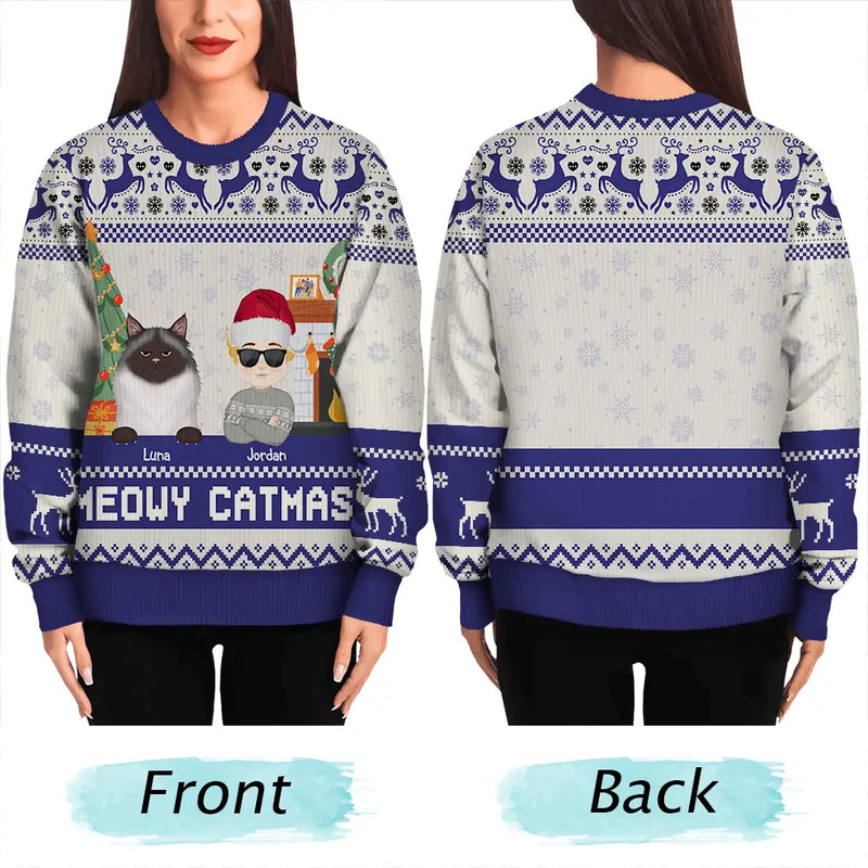 Pet Lovers, Cat Lovers, Dog Lovers - Happy Pawlidays Dog And Cat Lover Flat Art - Personalized Unisex Ugly Sweater