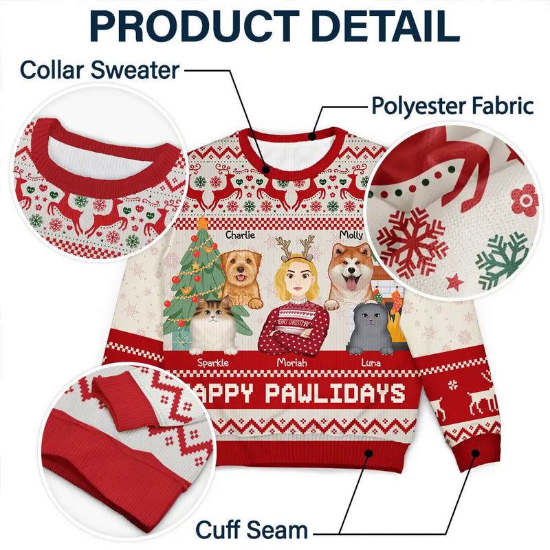 Pet Lovers, Cat Lovers, Dog Lovers - Happy Pawlidays Dog And Cat Lover Flat Art - Personalized Unisex Ugly Sweater