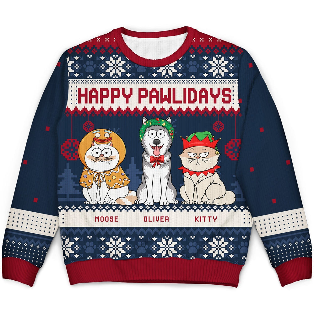 Happy Pawlidays Funny Cartoon Pets - Personalized Unisex Ugly Sweater