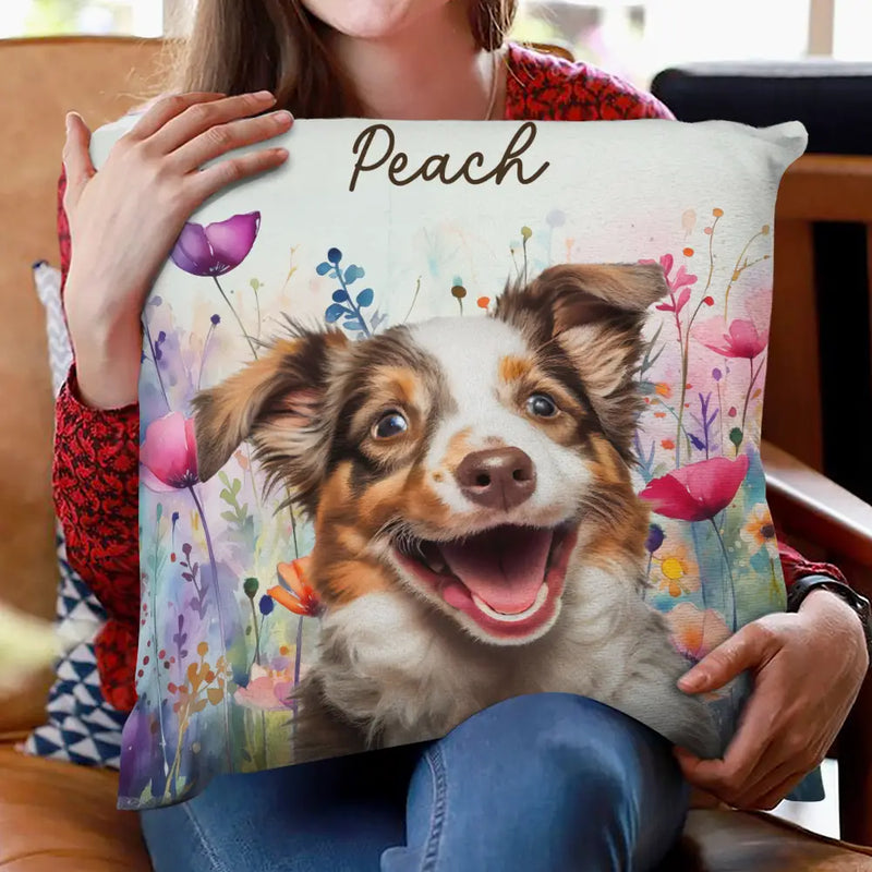 Custom Photo Dog Cat With Watercolor Wildflowers - Personalized Pillow