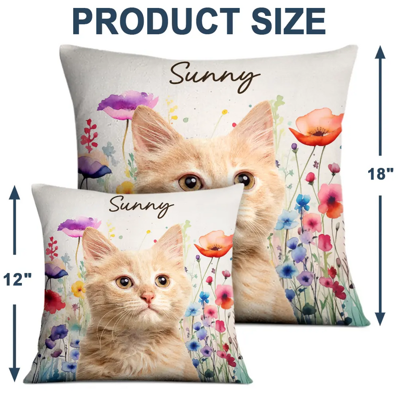 Custom Photo Dog Cat With Watercolor Wildflowers - Personalized Pillow