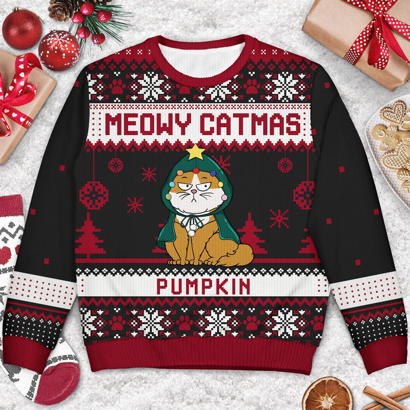 Meowy Catmas Funny Cartoon - Personalized Unisex Ugly Sweater