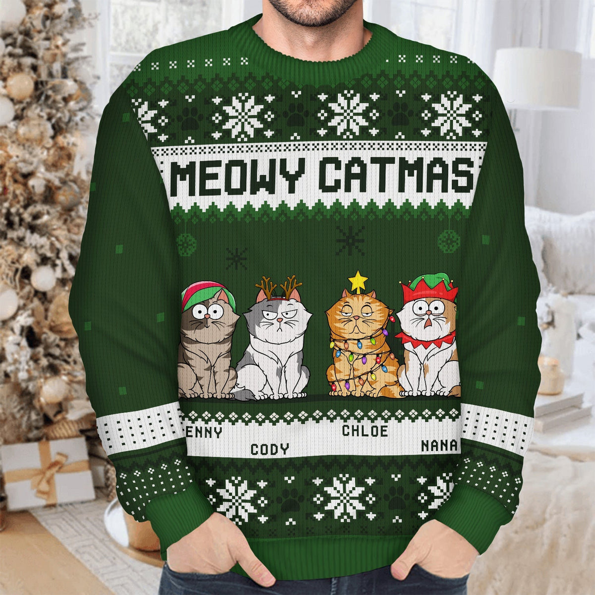 Meowy Catmas Funny Cartoon - Personalized Unisex Ugly Sweater