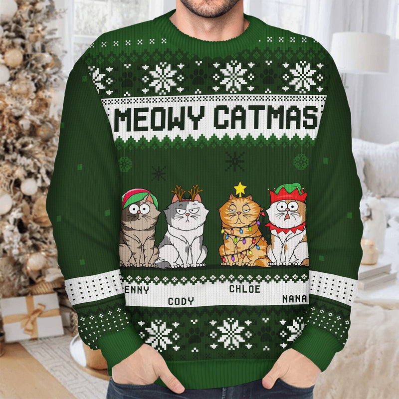 Meowy Catmas Funny Cartoon - Personalized Unisex Ugly Sweater