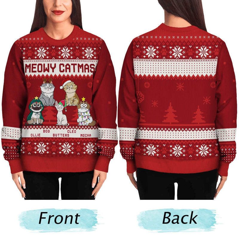 Meowy Catmas Funny Cartoon - Personalized Unisex Ugly Sweater