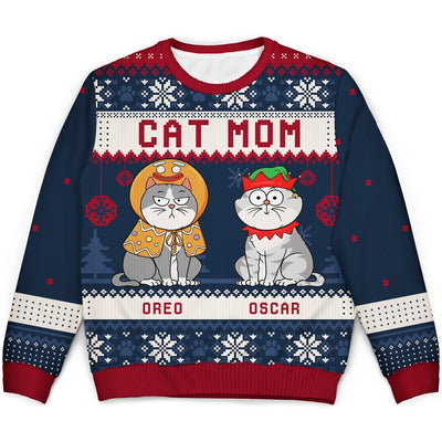 Funny Cat Mom Cat Dad Cartoon Cats - Christmas Gift For Cat Lovers - Personalized Unisex Ugly Sweater