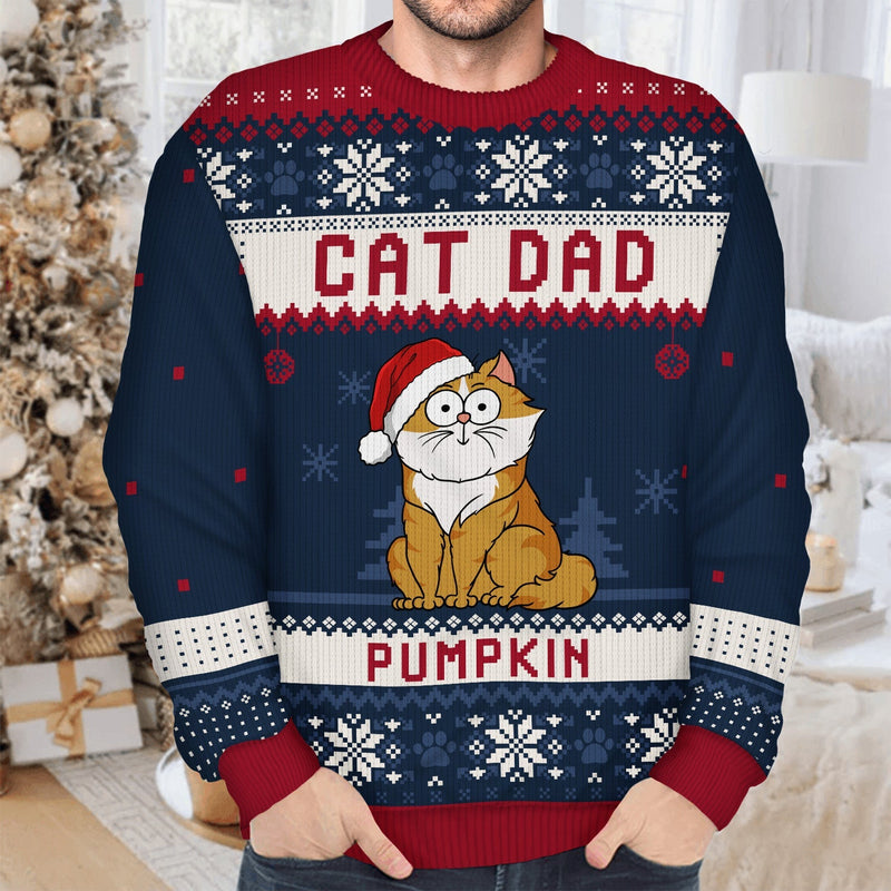 Funny Cat Mom Cat Dad Cartoon Cats - Christmas Gift For Cat Lovers - Personalized Unisex Ugly Sweater