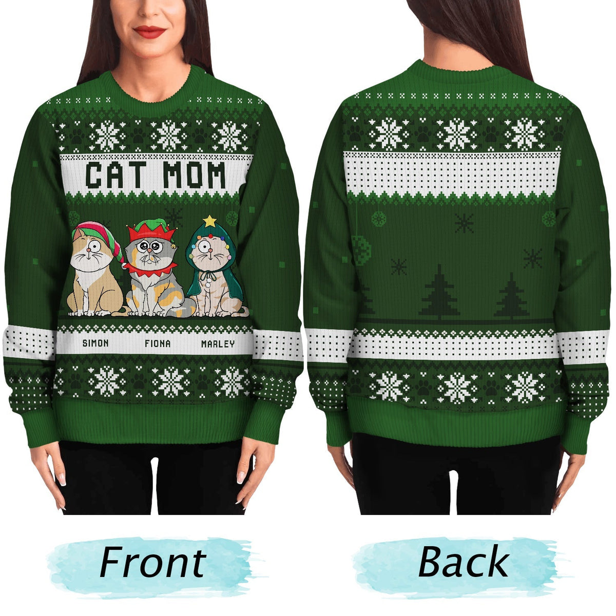 Funny Cat Mom Cat Dad Cartoon Cats - Christmas Gift For Cat Lovers - Personalized Unisex Ugly Sweater