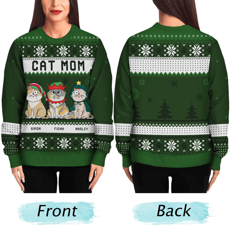 Funny Cat Mom Cat Dad Cartoon Cats - Christmas Gift For Cat Lovers - Personalized Unisex Ugly Sweater