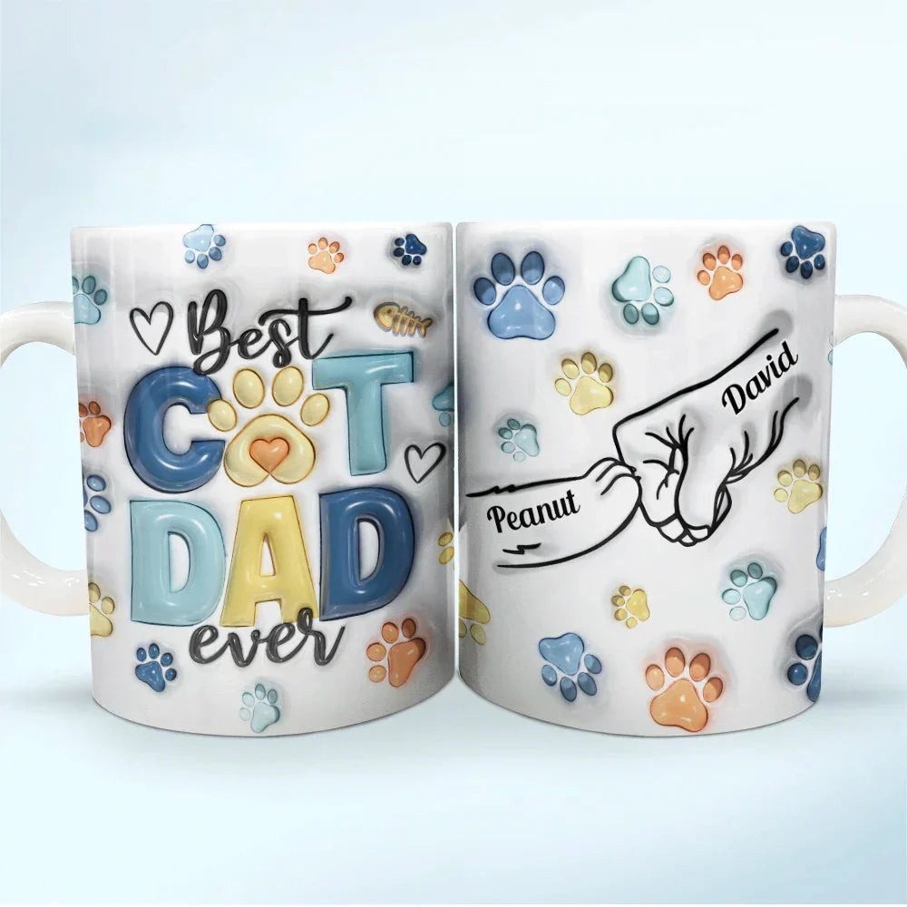 Best Cat Dad Ever Paws And Human Hand Fist Bump - 3D Inflated Effect Printed Mug, Personalized White Edge-to-Edge Mug