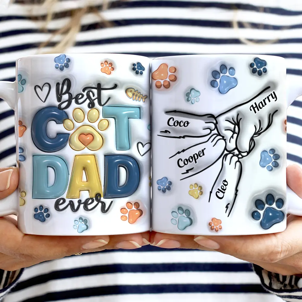 Best Cat Dad Ever Paws And Human Hand Fist Bump - 3D Inflated Effect Printed Mug, Personalized White Edge-to-Edge Mug