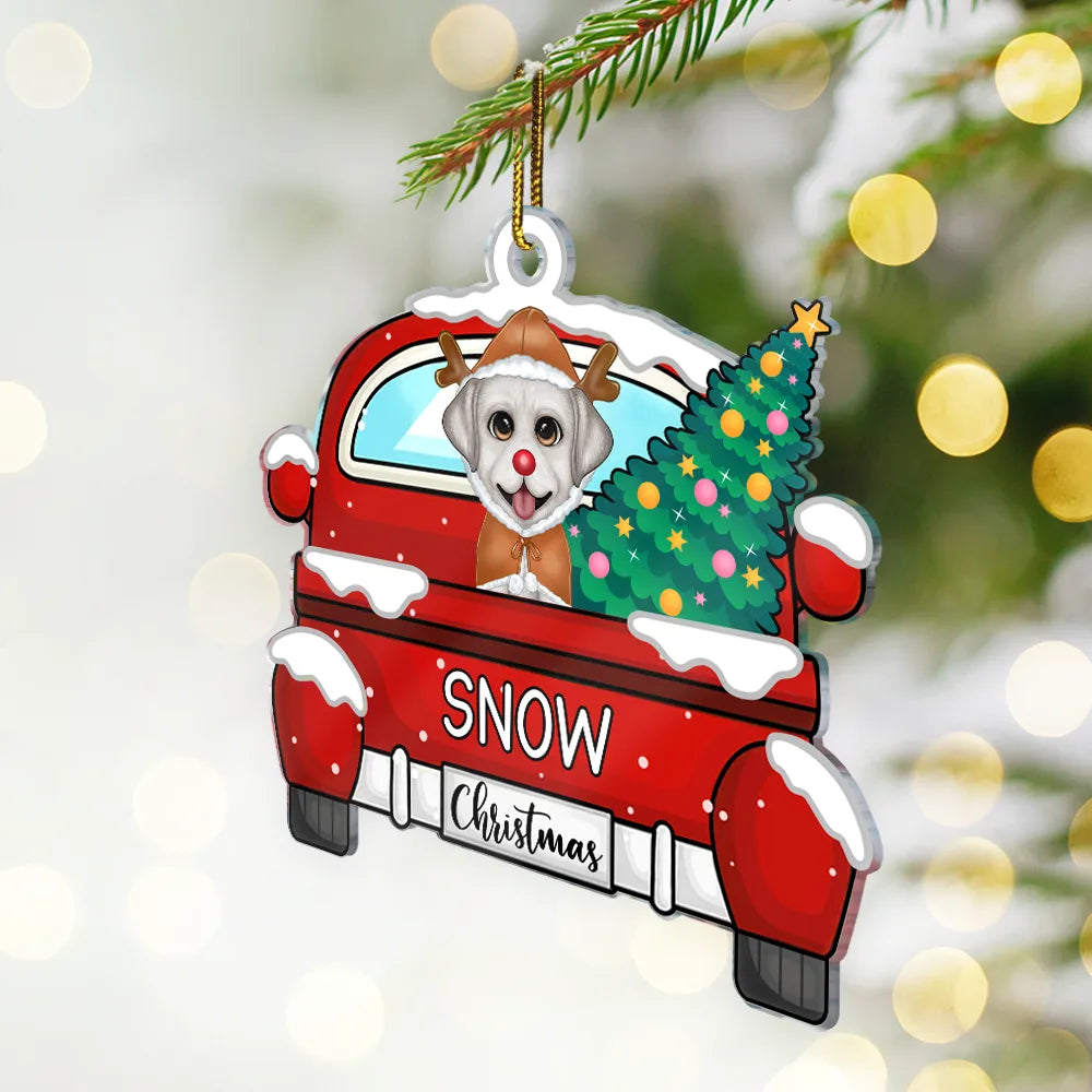 Xmas Dog Cat With Red Truck - Personalized Cutout Acrylic Ornament