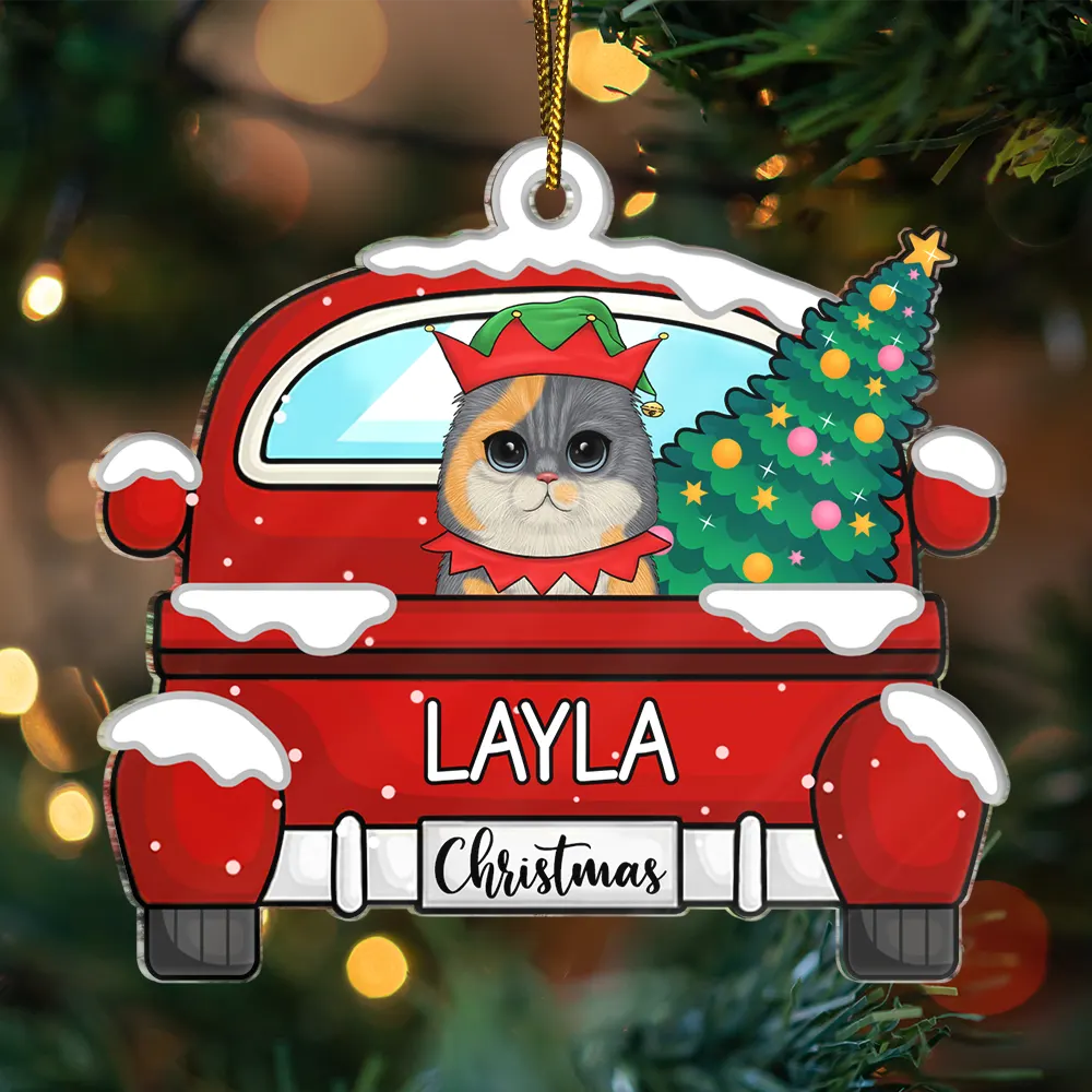 Xmas Dog Cat With Red Truck - Personalized Cutout Acrylic Ornament