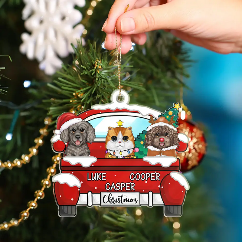 Xmas Dog Cat With Red Truck - Personalized Cutout Acrylic Ornament
