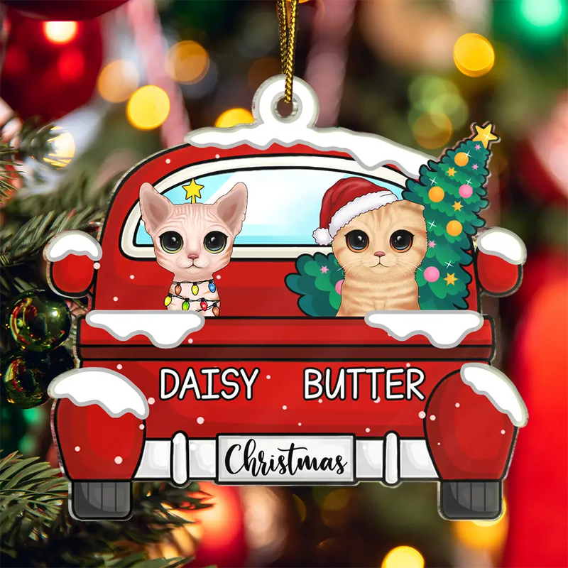 Xmas Dog Cat With Red Truck - Personalized Cutout Acrylic Ornament