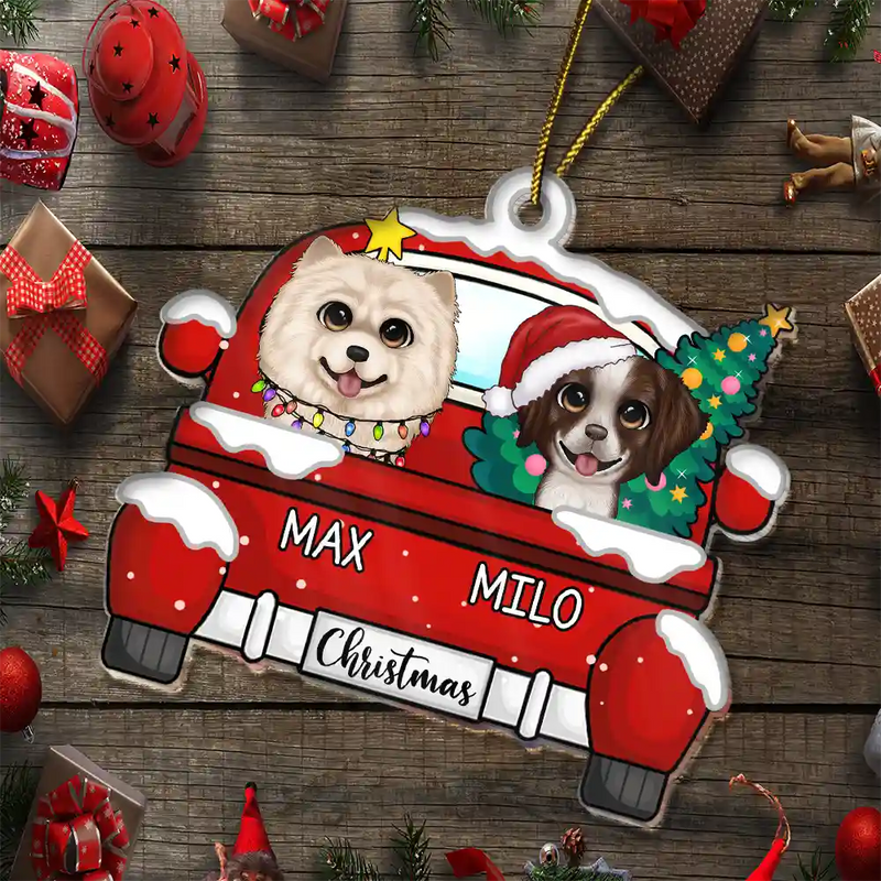 Xmas Dog Cat With Red Truck - Personalized Cutout Acrylic Ornament