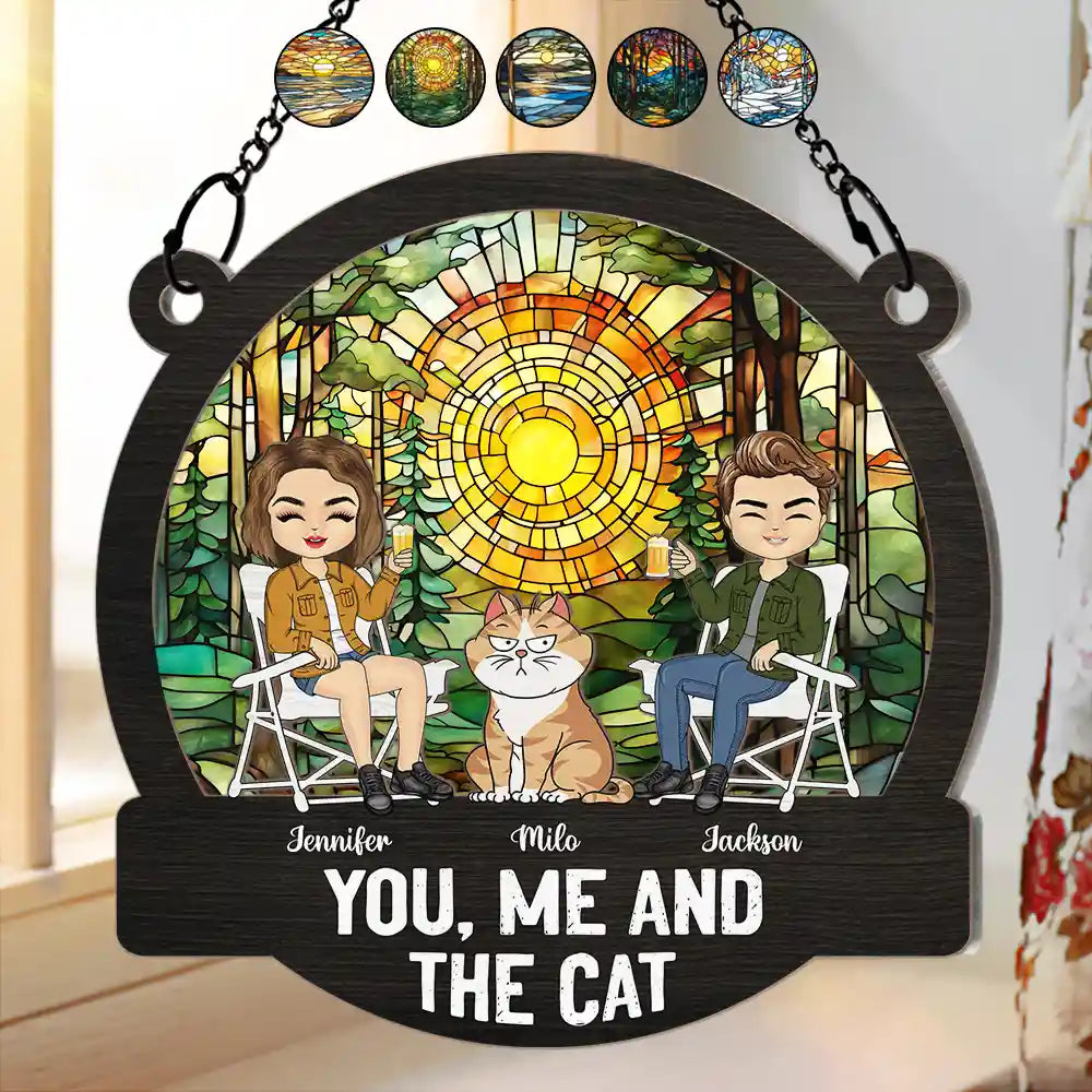 You, Me And The Cats Camping - Personalized Window Hanging Suncatcher Ornament