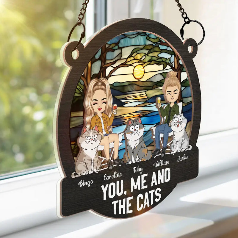 You, Me And The Cats Camping - Personalized Window Hanging Suncatcher Ornament