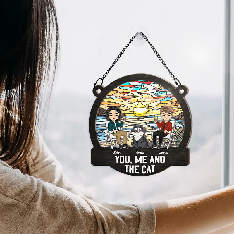 You, Me And The Cats Camping - Personalized Window Hanging Suncatcher Ornament