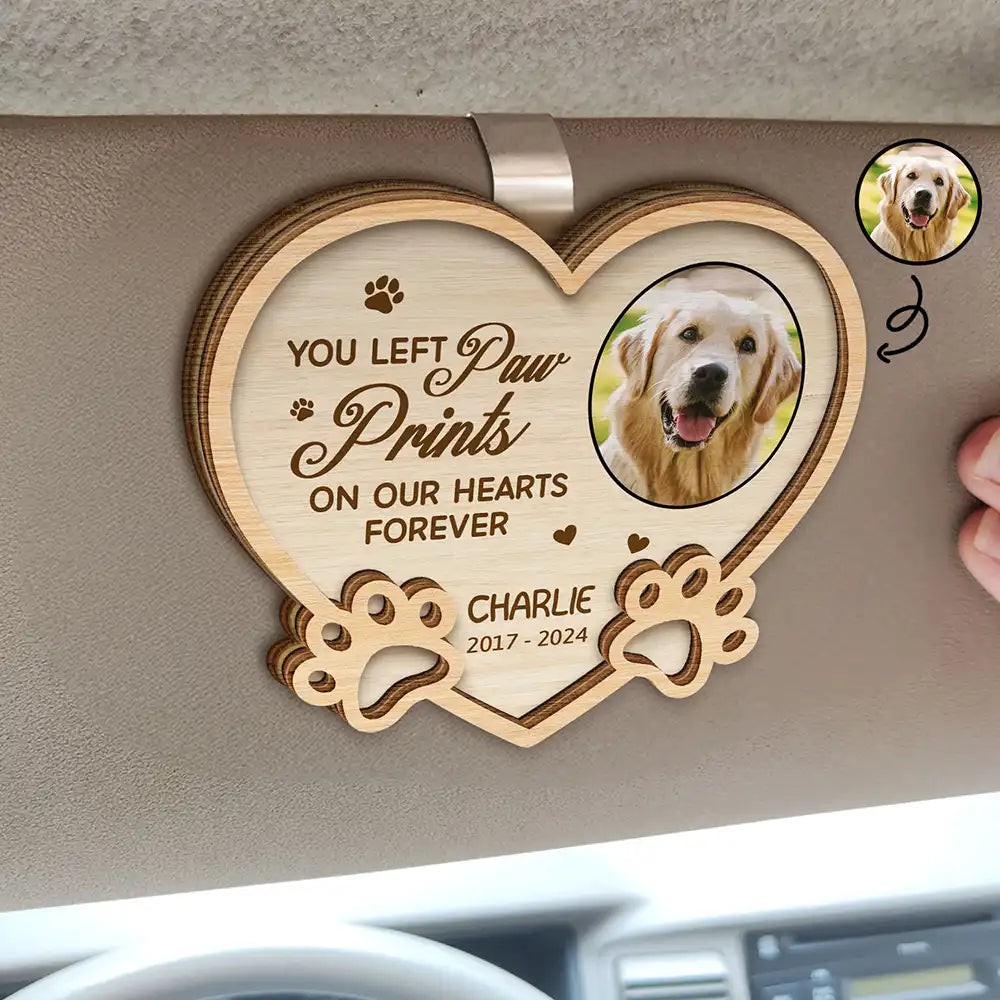 Custom Photo Cat Dog Pet Memorial You Left Paw Prints On My Heart Forever - Personalized Custom Shaped Car Visor Clip