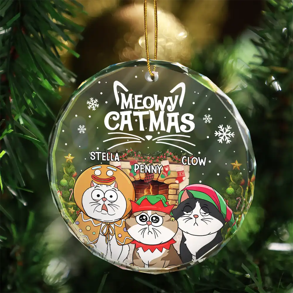 Meowy Catmas Cartoon Cats - Personalized Circle Glass Ornament