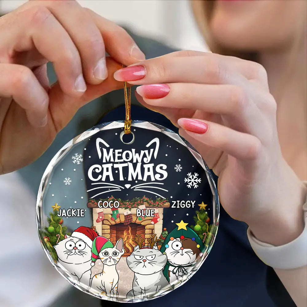 Meowy Catmas Cartoon Cats - Personalized Circle Glass Ornament