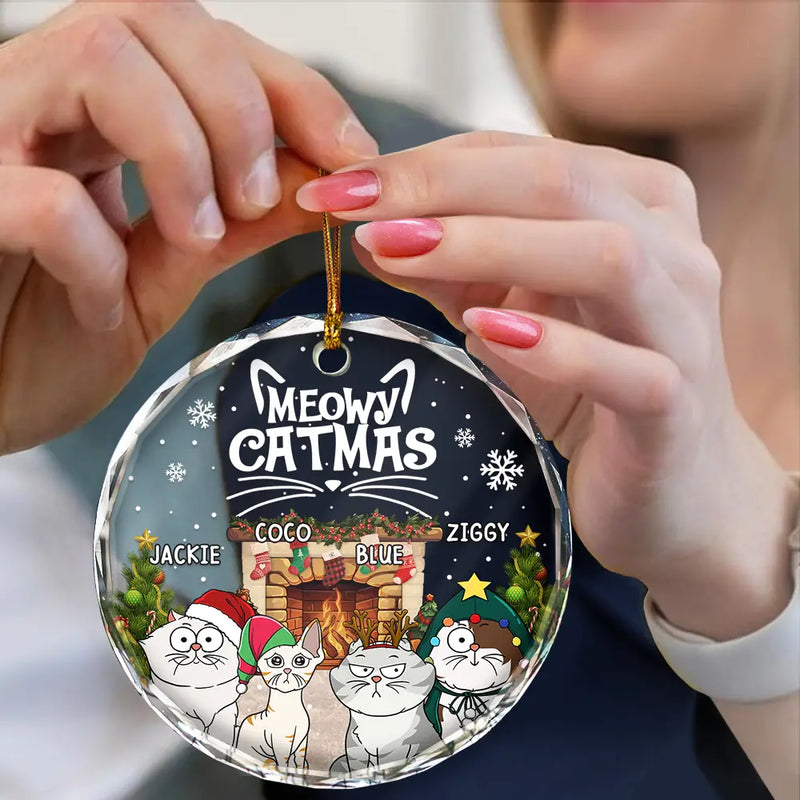 Meowy Catmas Cartoon Cats - Personalized Circle Glass Ornament