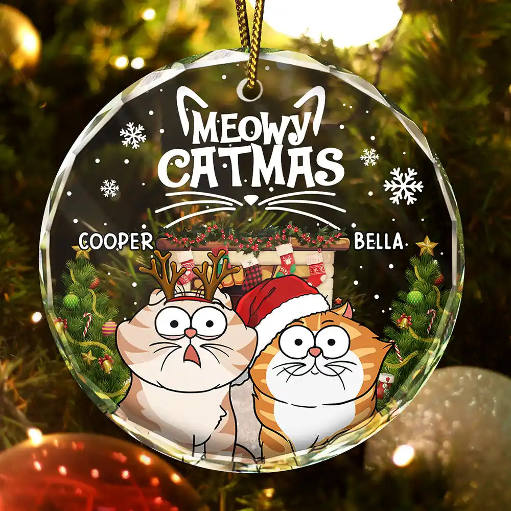 Meowy Catmas Cartoon Cats - Personalized Circle Glass Ornament