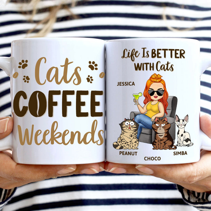Cats, Coffee And Lazy Weekends - Gift For Cat Lovers, Cat Moms - Personalized White Edge-to-Edge Mug