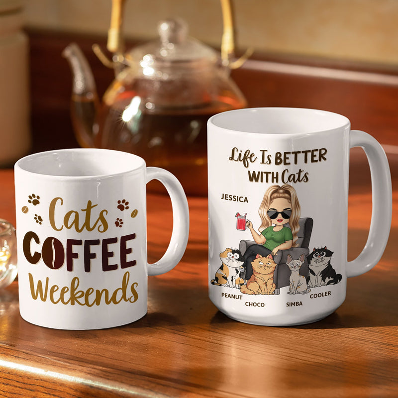 Cats, Coffee And Lazy Weekends - Gift For Cat Lovers, Cat Moms - Personalized White Edge-to-Edge Mug