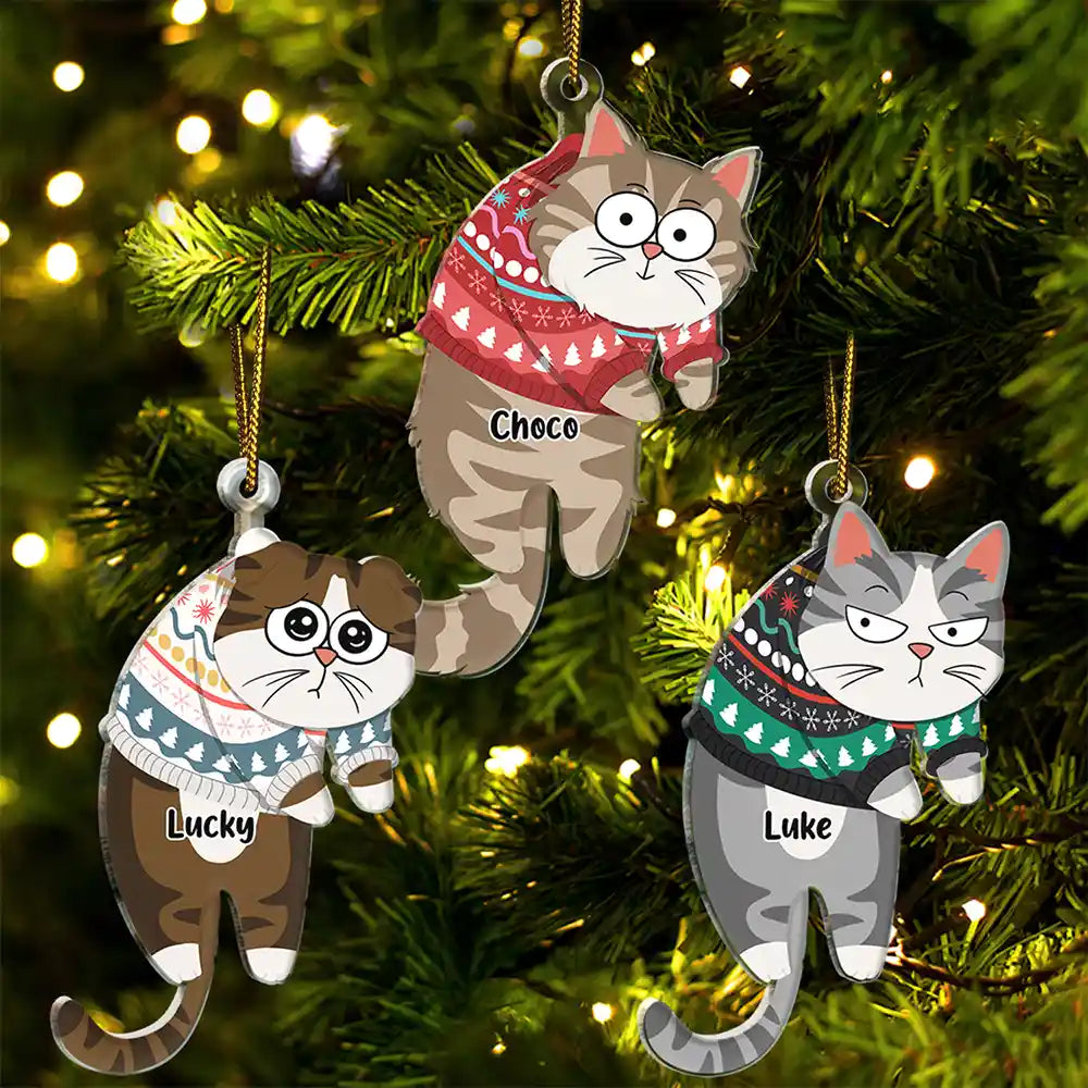 Funny Hanging Cats Have Yourself A Meowy Christmas - Personalized Cutout Acrylic Ornament