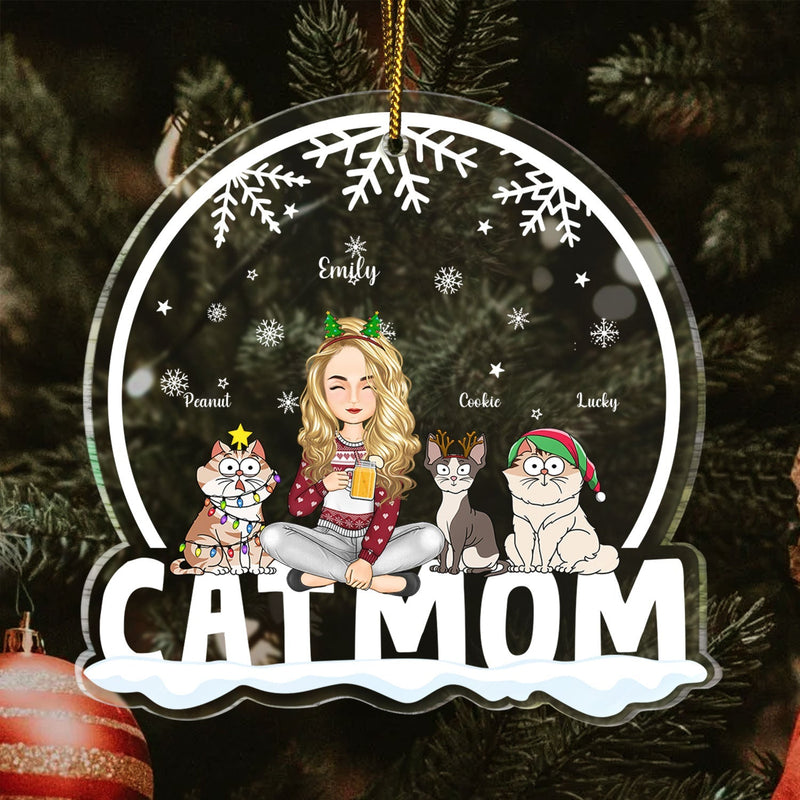 Cat Mom Cartoon Cats Snowdome - Christmas Gift For Cat Lovers - Personalized Custom Shaped Acrylic Ornament