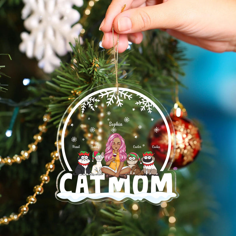 Cat Mom Cartoon Cats Snowdome - Christmas Gift For Cat Lovers - Personalized Custom Shaped Acrylic Ornament