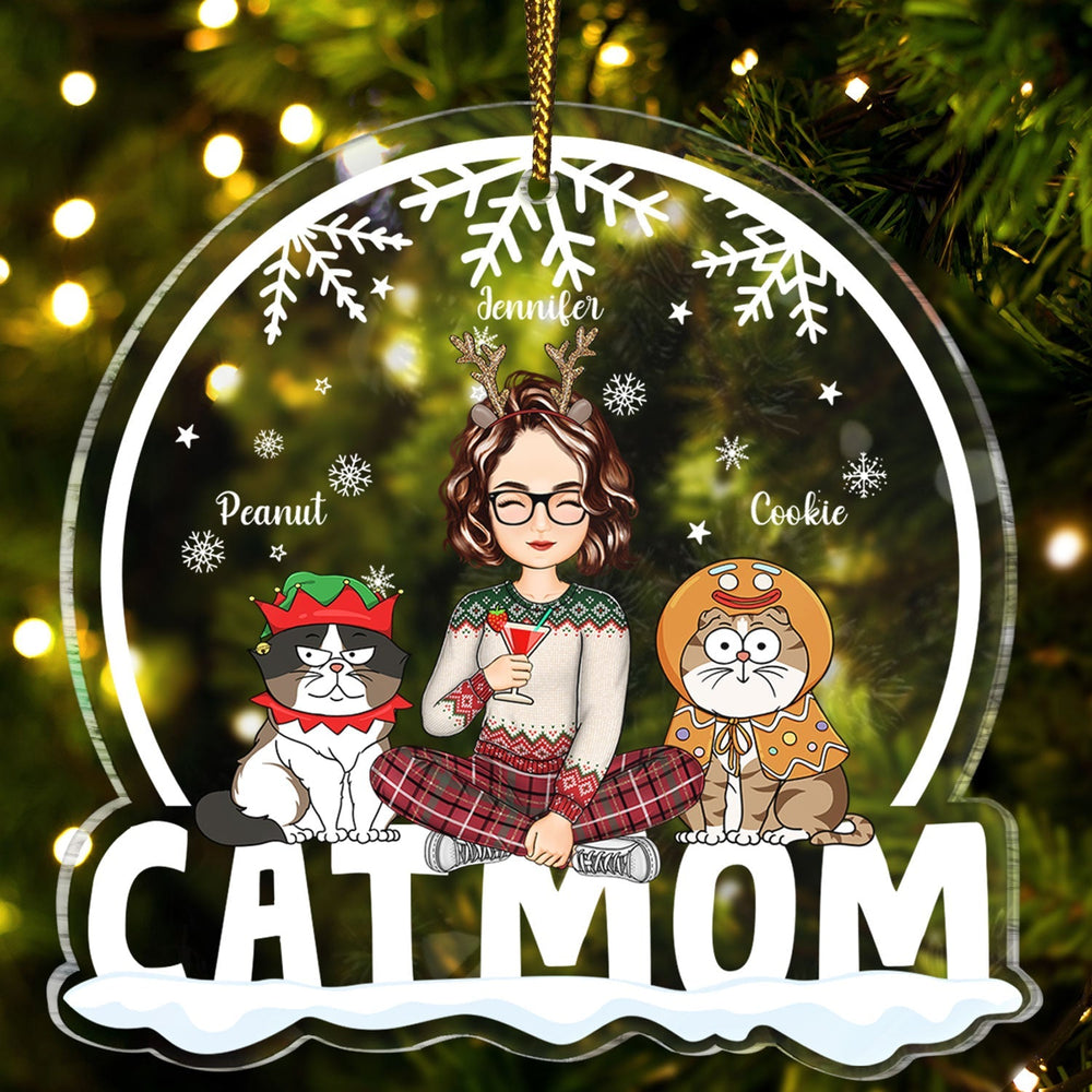 Cat Mom Cartoon Cats Snowdome - Christmas Gift For Cat Lovers - Personalized Custom Shaped Acrylic Ornament