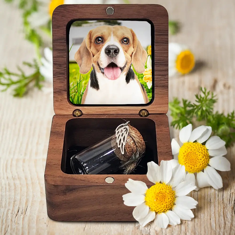 Pet Lovers,Pet Mom,Pet Dad,Dog Lovers,Dog Mom,Dog Dad,Cat Lovers,Cat Mom,Cat Dad,Memorial,Sad-Pet Memorial Urn Special Fur Keepsake - Personalized Custom Photo Wooden Box With Glass Jar