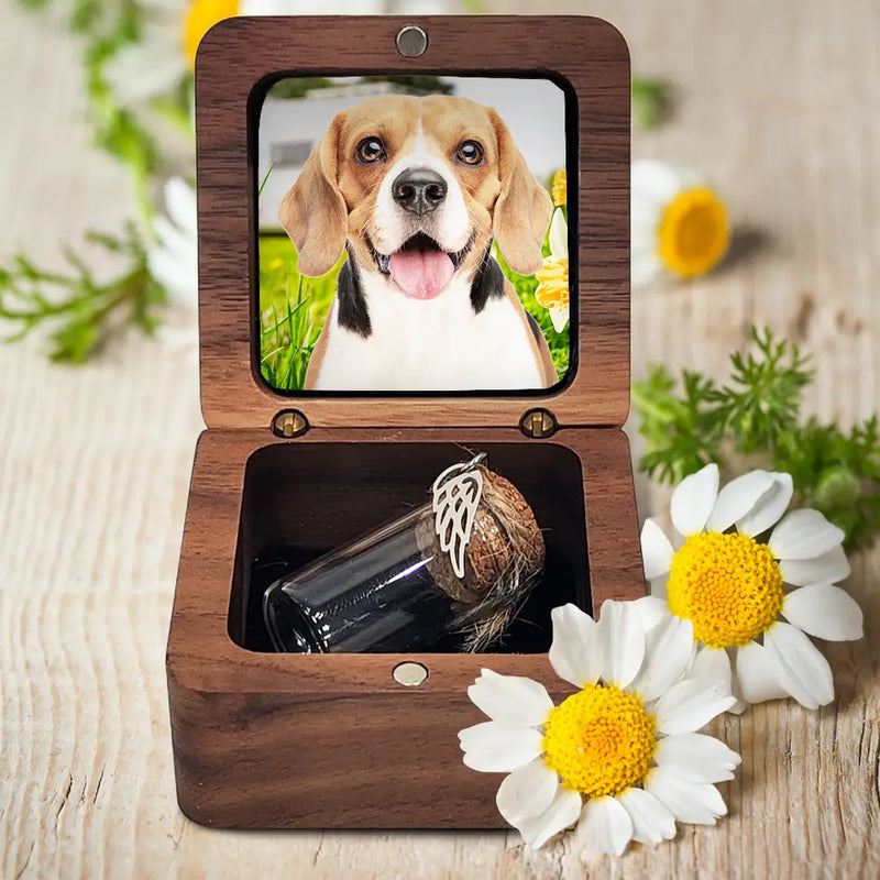 Pet Lovers,Pet Mom,Pet Dad,Dog Lovers,Dog Mom,Dog Dad,Cat Lovers,Cat Mom,Cat Dad,Memorial,Sad-Pet Memorial Urn Special Fur Keepsake - Personalized Custom Photo Wooden Box With Glass Jar