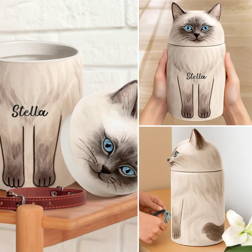 Memorial,Cat Lovers,Cat Mom,Cat Dad,Pet Lovers,Pet Mom,Pet Dad,Sad-Pet Memorial Urn With Cat Sculpture Lid - Personalized Ceramic Pet-Shaped Keepsake Jar