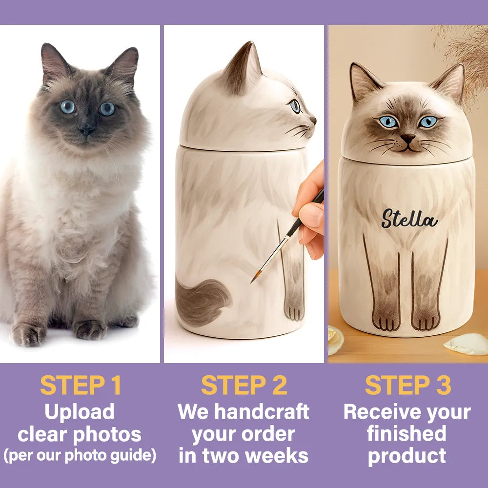 Memorial,Cat Lovers,Cat Mom,Cat Dad,Pet Lovers,Pet Mom,Pet Dad,Sad-Pet Memorial Urn With Cat Sculpture Lid - Personalized Ceramic Pet-Shaped Keepsake Jar