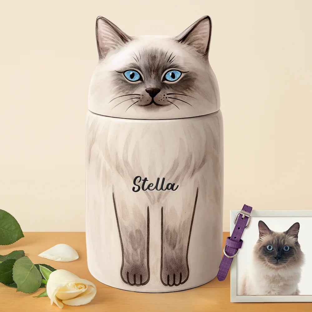 Memorial,Cat Lovers,Cat Mom,Cat Dad,Pet Lovers,Pet Mom,Pet Dad,Sad-Pet Memorial Urn With Cat Sculpture Lid - Personalized Ceramic Pet-Shaped Keepsake Jar
