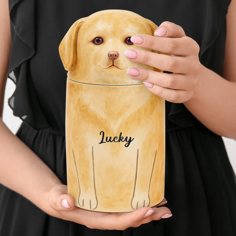Memorial,Pet Lovers,Pet Mom,Pet Dad,Dog Lovers,Dog Mom,Dog Dad,Sad - Pet Memorial Urn with Dog Sculpture Lid - Personalized Ceramic Pet-Shaped Keepsake Jar