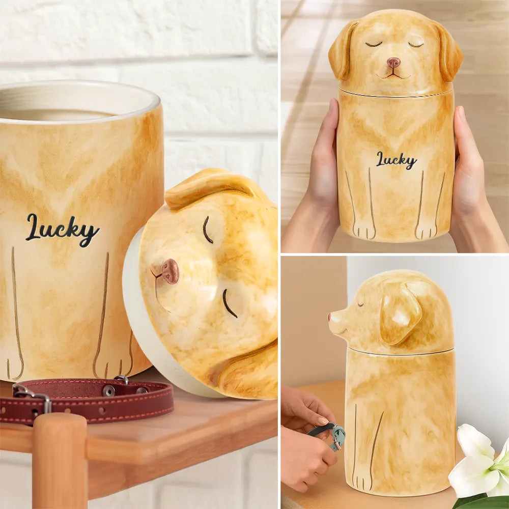Memorial,Pet Lovers,Pet Mom,Pet Dad,Dog Lovers,Dog Mom,Dog Dad,Sad - Pet Memorial Urn with Dog Sculpture Lid - Personalized Ceramic Pet-Shaped Keepsake Jar