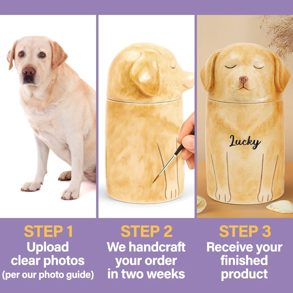 Memorial,Pet Lovers,Pet Mom,Pet Dad,Dog Lovers,Dog Mom,Dog Dad,Sad - Pet Memorial Urn with Dog Sculpture Lid - Personalized Ceramic Pet-Shaped Keepsake Jar