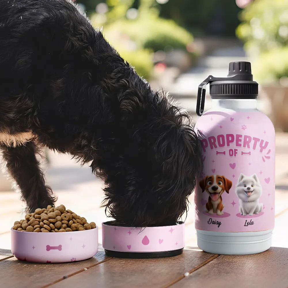 Dog Lovers,Dog Mom,Dog Dad - Property of Adorable Dogs - Personalized 30oz Pet Water Bottle With Bowl